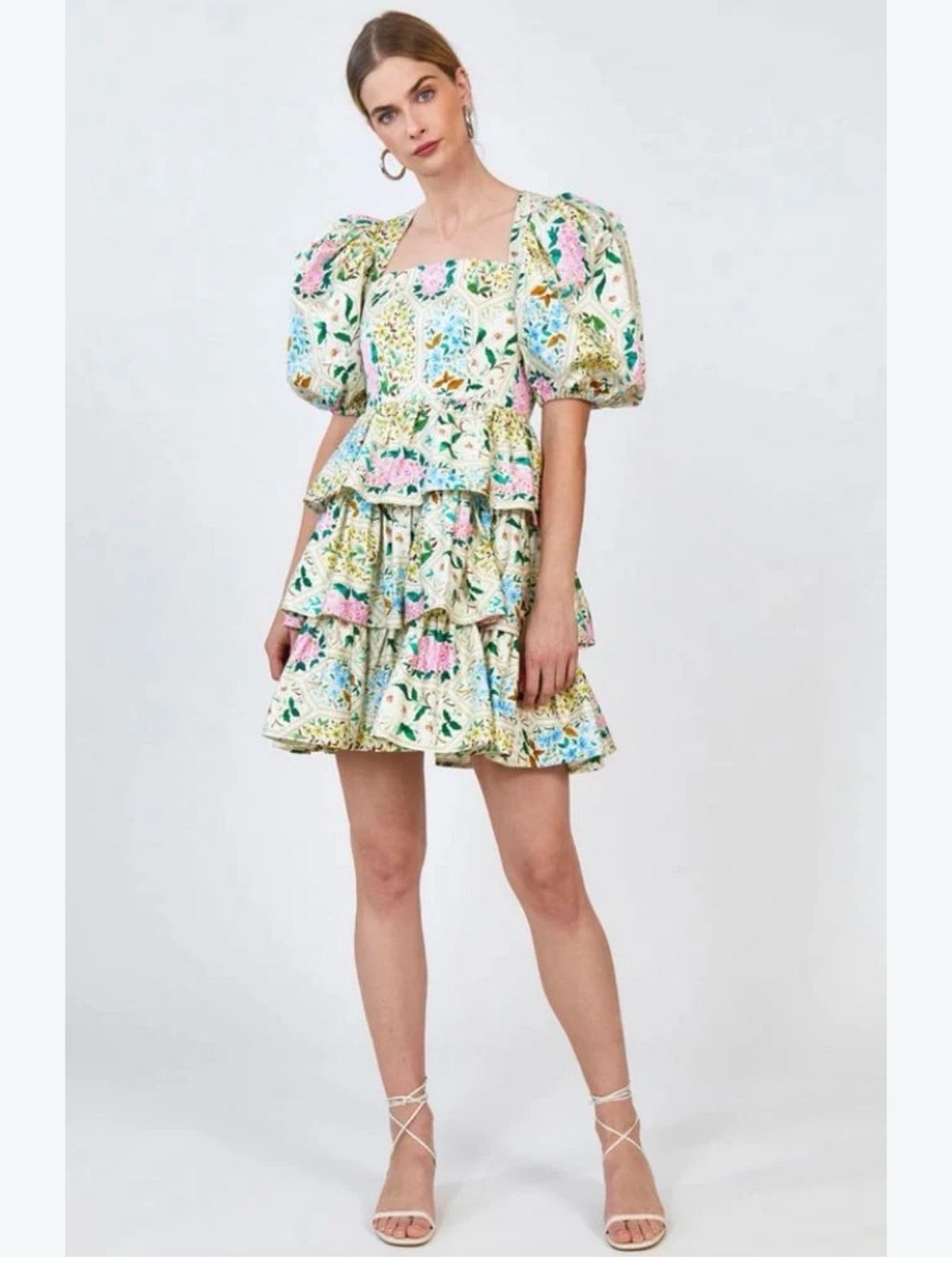 Hunter Bell Porter Floral Tiered Puff-Sleeve Mini Dress in Cream and Pastel
